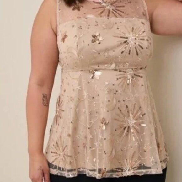 Torrid Brand Women's size 3 Rose gold Embroidered Mesh Lace Babydoll Tank NWT - Picture 1 of 8
